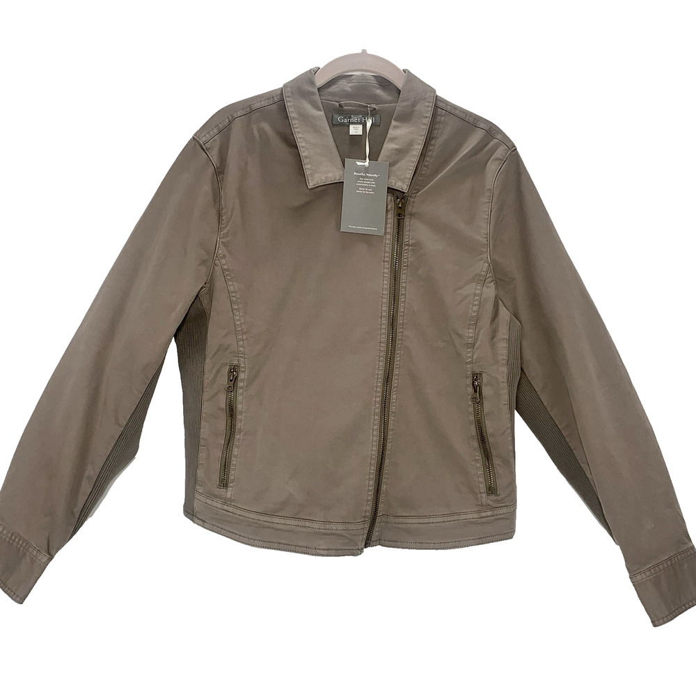 GARNET HILL Cotton Moto Jacket 10 Olive Green Asymmetric Zip Ribbed Accent NWT